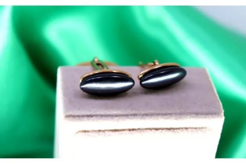 Pamono Oval Shaped Gold Cufflinks with Black Tanzanites, Set of 2> Cufflinks