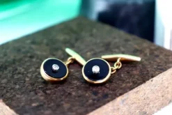 Pamono Oval-Shaped Gold Cufflinks with Zirconias, Set of 2> Cufflinks