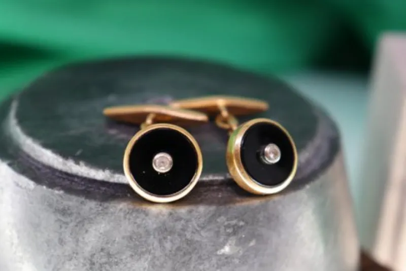 Pamono Oval-Shaped Gold Cufflinks with Zirconias, Set of 2> Cufflinks