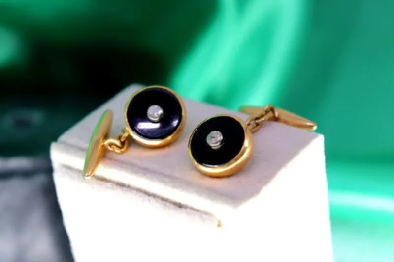 Pamono Oval-Shaped Gold Cufflinks with Zirconias, Set of 2> Cufflinks