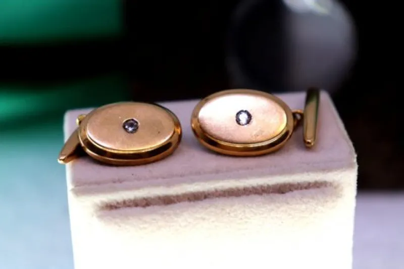 Hot Pamono Oval-Shaped Gold Cufflinks with Zirconias, Set of 2
