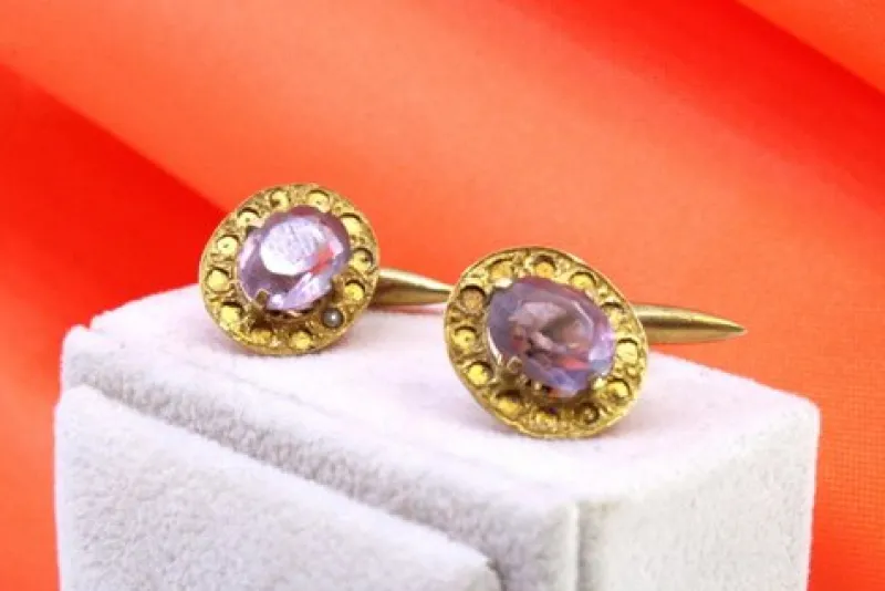 Pamono Oval-Shaped Gold Cufflinks with Reliefs and Amethysts, Set of 2> Cufflinks