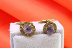 Pamono Oval-Shaped Gold Cufflinks with Reliefs and Amethysts, Set of 2><noscript><img width=