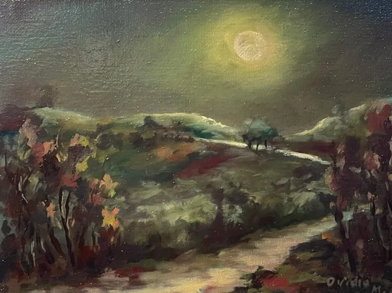 Online Pamono Ovidio Manetti, Rural Night Scene, 20th Century, Oil Painting on Canvas, Framed