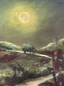 Online Pamono Ovidio Manetti, Rural Night Scene, 20th Century, Oil Painting on Canvas, Framed