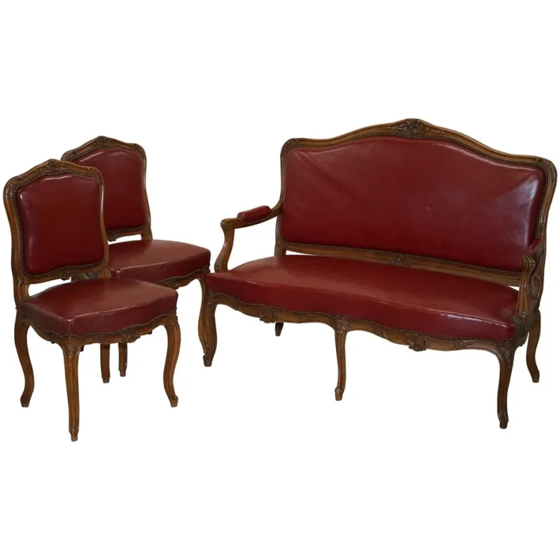 Pamono Oxblood Leather French Salon Armchairs & Sofa, Set of 3> Living Room Sets