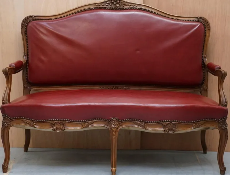 Pamono Oxblood Leather French Salon Armchairs & Sofa, Set of 3> Living Room Sets
