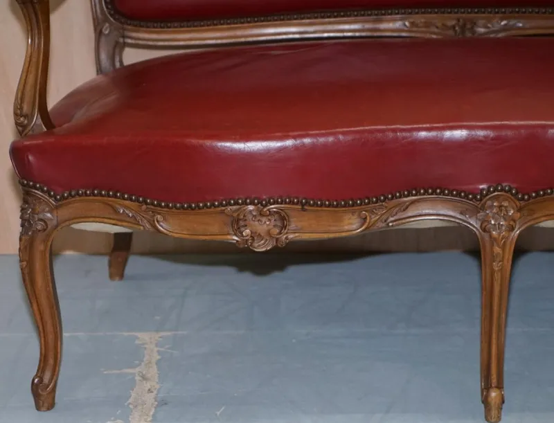 Pamono Oxblood Leather French Salon Armchairs & Sofa, Set of 3> Living Room Sets