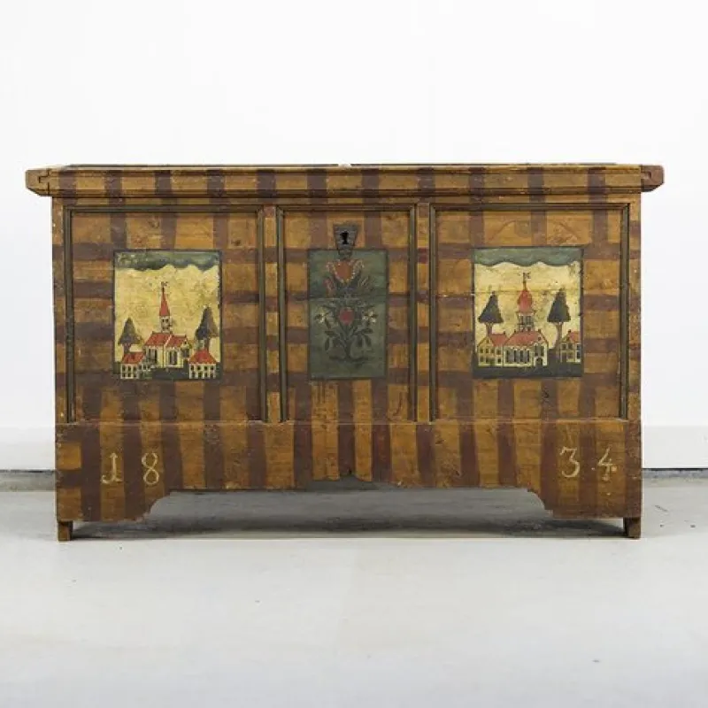 Pamono Painted Folk Art Chest, 1834> Trunks Crates & Baskets