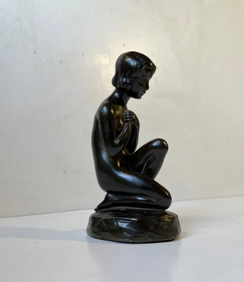 Pamono Patinated Sculpture of Young Woman by E. Borch for Just Andersen, 1930s> Art Deco