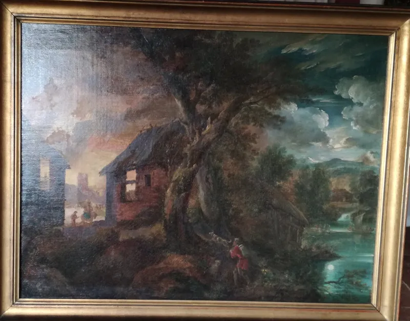 Pamono Paul Bril, Flemish Nightfall Landscape, Late 16th Century, Oil on Canvas, Framed> Old Masters