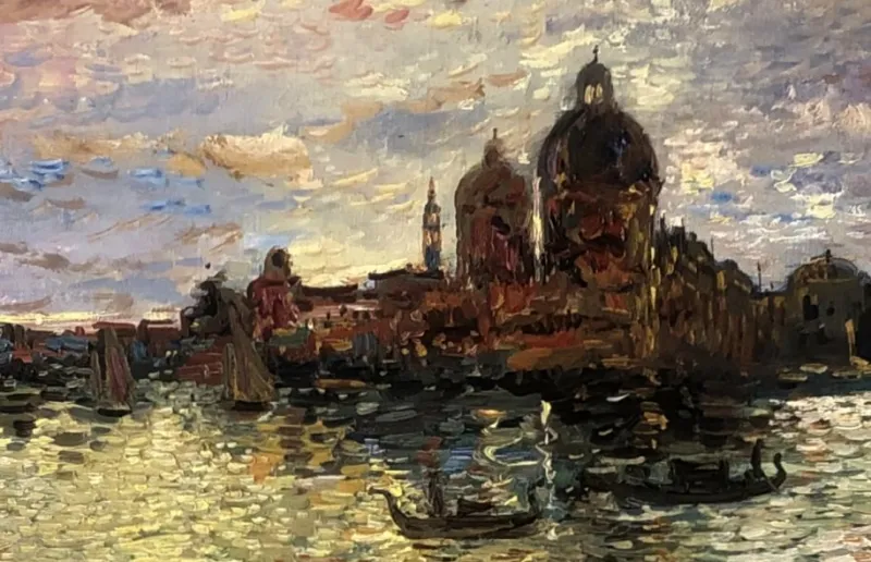 Pamono Paul Flaubert, Sunset in Venice, 1950s, Oil on Panel, Framed> Impressionist