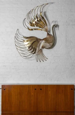 Pamono Peacock Wall Sculpture in Brass by Curtis Jere, 1980s><noscript><img width=