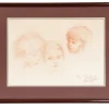 Pamono Philippe Moretti, Three Children, Original Sanguine Drawing, 1979> Mid-Century|Work On Paper