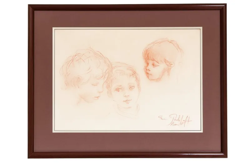 Pamono Philippe Moretti, Three Children, Original Sanguine Drawing, 1979> Mid-Century|Work On Paper