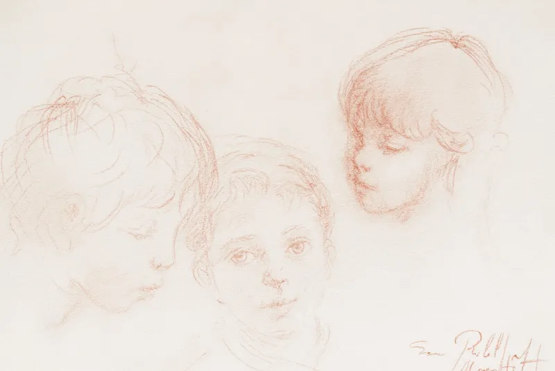 Pamono Philippe Moretti, Three Children, Original Sanguine Drawing, 1979> Mid-Century|Work On Paper