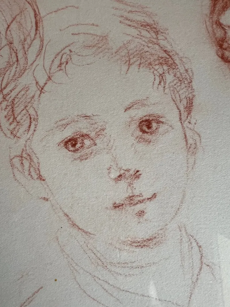 Pamono Philippe Moretti, Three Children, Original Sanguine Drawing, 1979> Mid-Century|Work On Paper