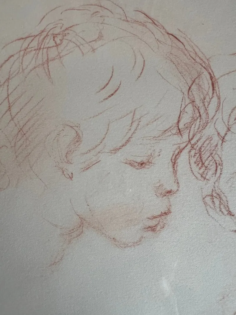 Pamono Philippe Moretti, Three Children, Original Sanguine Drawing, 1979> Mid-Century|Work On Paper