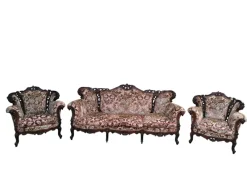 Hot Pamono Piedmontese Baroque Style Sofa and Armchairs in Hand-Carved Wood and Damask Velvet, 1950s, Set of 3