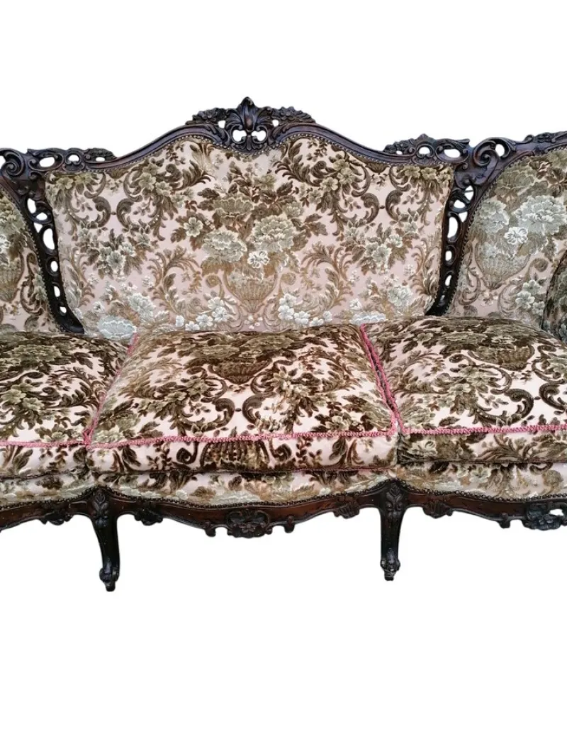 Hot Pamono Piedmontese Baroque Style Sofa and Armchairs in Hand-Carved Wood and Damask Velvet, 1950s, Set of 3