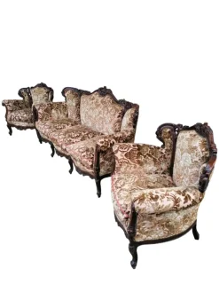 Hot Pamono Piedmontese Baroque Style Sofa and Armchairs in Hand-Carved Wood and Damask Velvet, 1950s, Set of 3