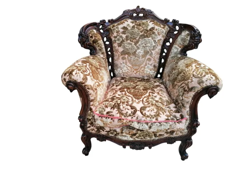 Hot Pamono Piedmontese Baroque Style Sofa and Armchairs in Hand-Carved Wood and Damask Velvet, 1950s, Set of 3