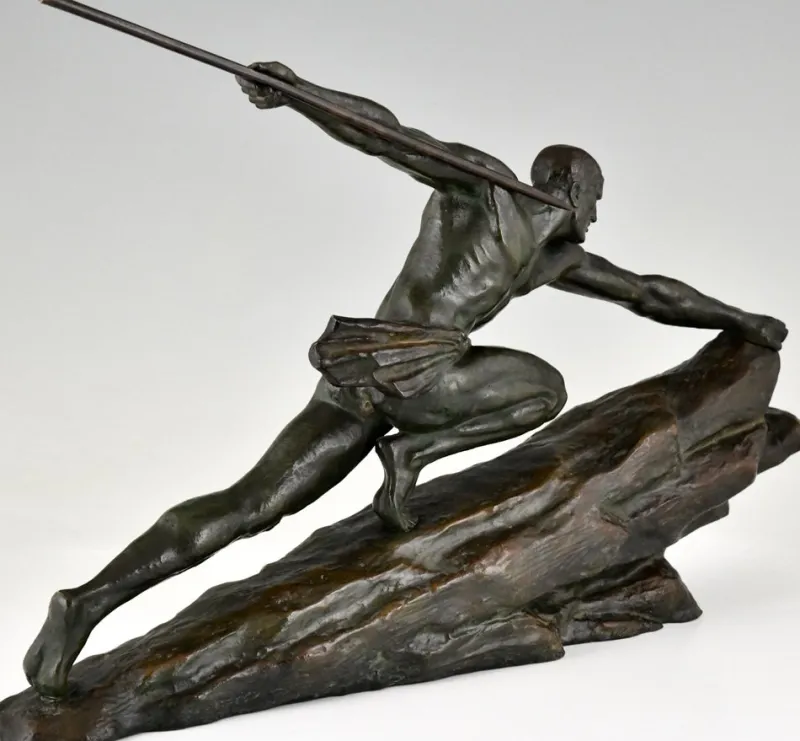 Pamono Pierre Le Faguays, Art Deco Athlete with Spear, 1927, Bronze> Art Deco