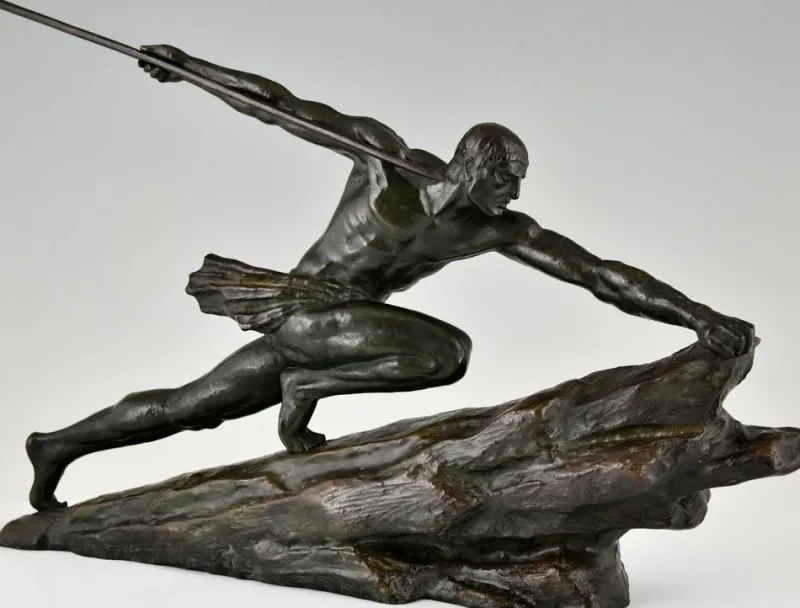 Pamono Pierre Le Faguays, Art Deco Athlete with Spear, 1927, Bronze> Art Deco