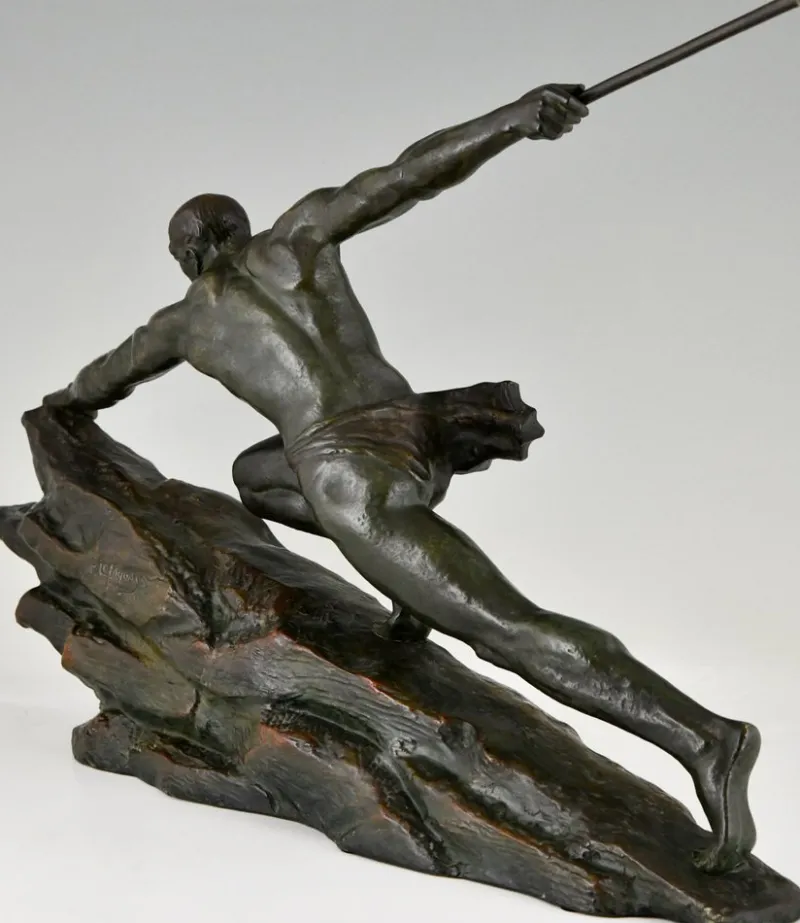 Pamono Pierre Le Faguays, Art Deco Athlete with Spear, 1927, Bronze> Art Deco