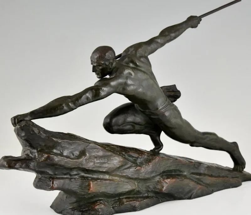 Pamono Pierre Le Faguays, Art Deco Athlete with Spear, 1927, Bronze> Art Deco