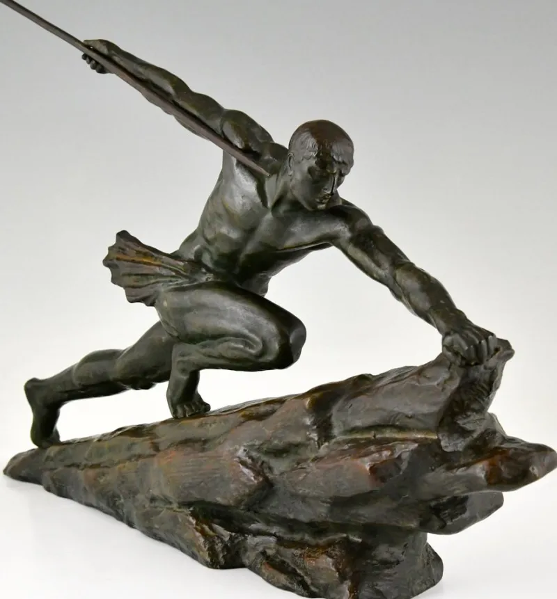 Pamono Pierre Le Faguays, Art Deco Athlete with Spear, 1927, Bronze> Art Deco