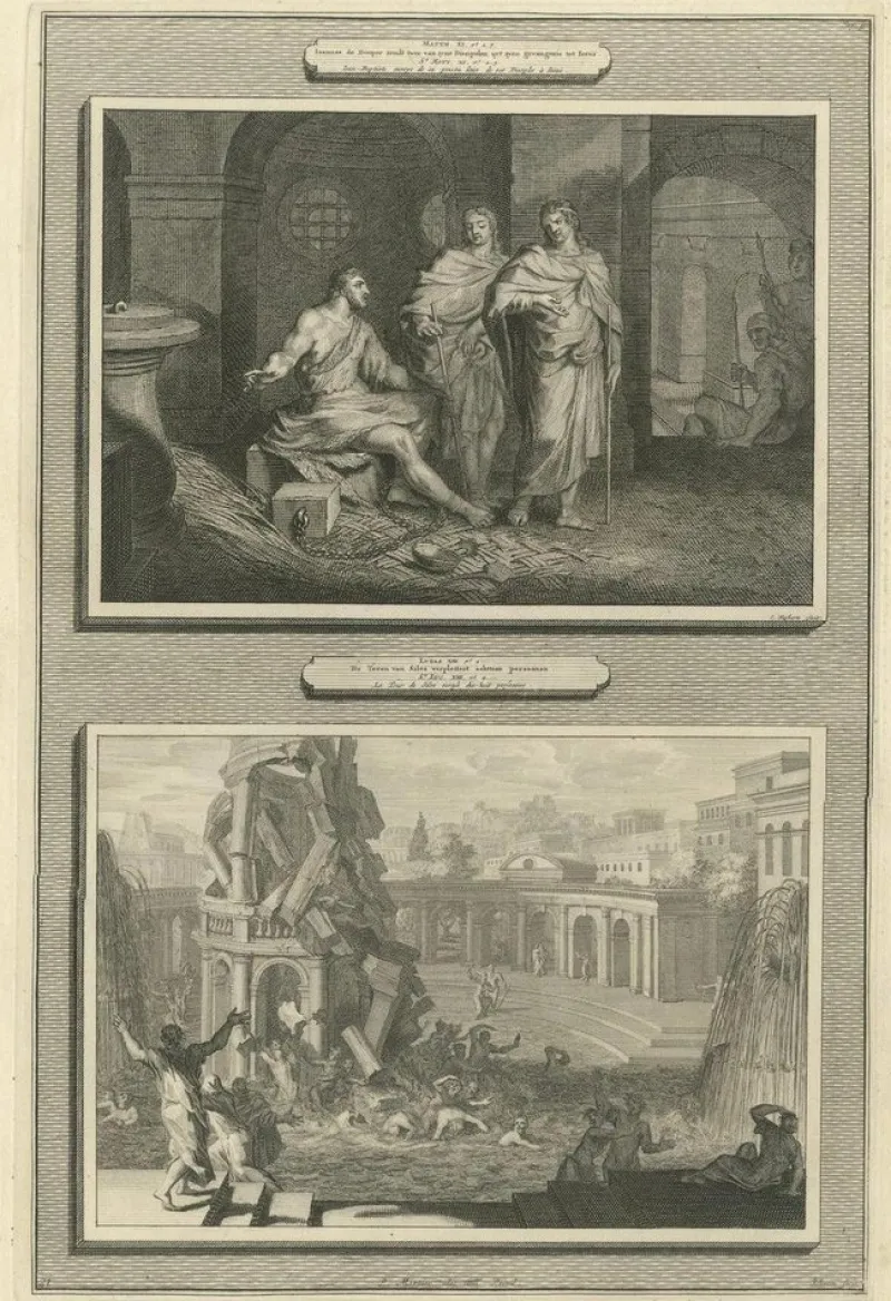 New Pamono Pieter Mortier, John the Baptist in Prison and Fall of the Tower of Siloam, 1700, Paper