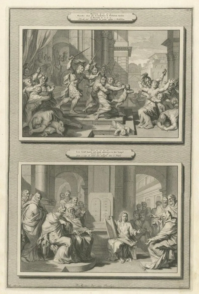 Sale Pamono Pieter Mortier, Massacre of the Innocents and Christ Among the Doctors, 1700, Paper