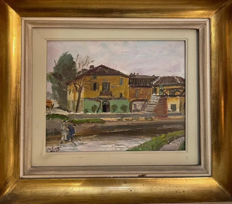 Pamono Pietro Virgilio Lietti, Figures Along the Canal, 20th Century, Oil Painting on Panel, Framed> Painting