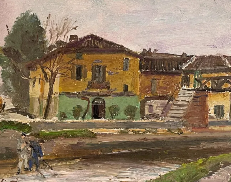 Pamono Pietro Virgilio Lietti, Figures Along the Canal, 20th Century, Oil Painting on Panel, Framed> Painting