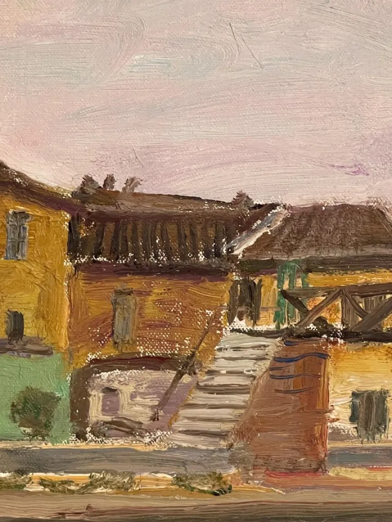 Pamono Pietro Virgilio Lietti, Figures Along the Canal, 20th Century, Oil Painting on Panel, Framed> Painting