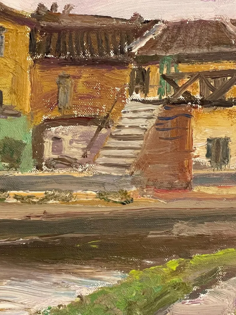 Pamono Pietro Virgilio Lietti, Figures Along the Canal, 20th Century, Oil Painting on Panel, Framed> Painting