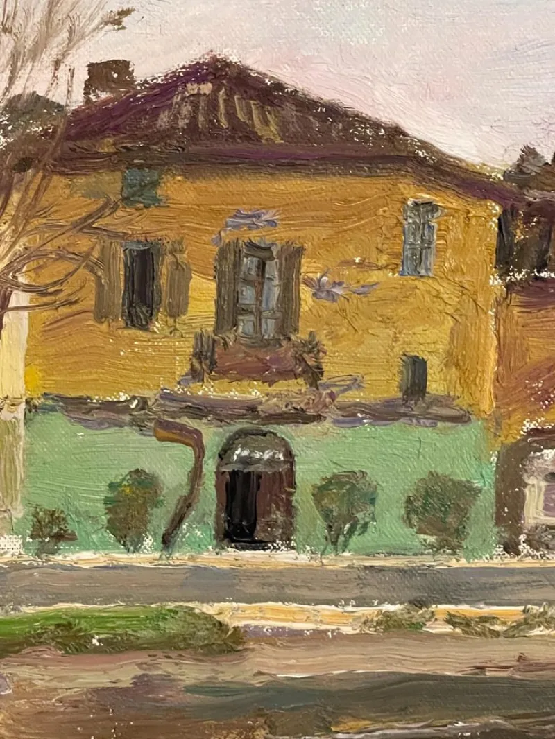 Pamono Pietro Virgilio Lietti, Figures Along the Canal, 20th Century, Oil Painting on Panel, Framed> Painting