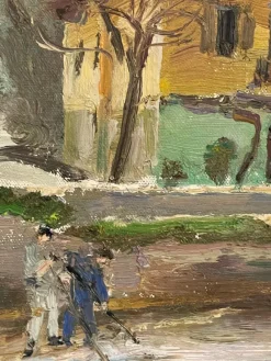 Pamono Pietro Virgilio Lietti, Figures Along the Canal, 20th Century, Oil Painting on Panel, Framed><noscript><img width=