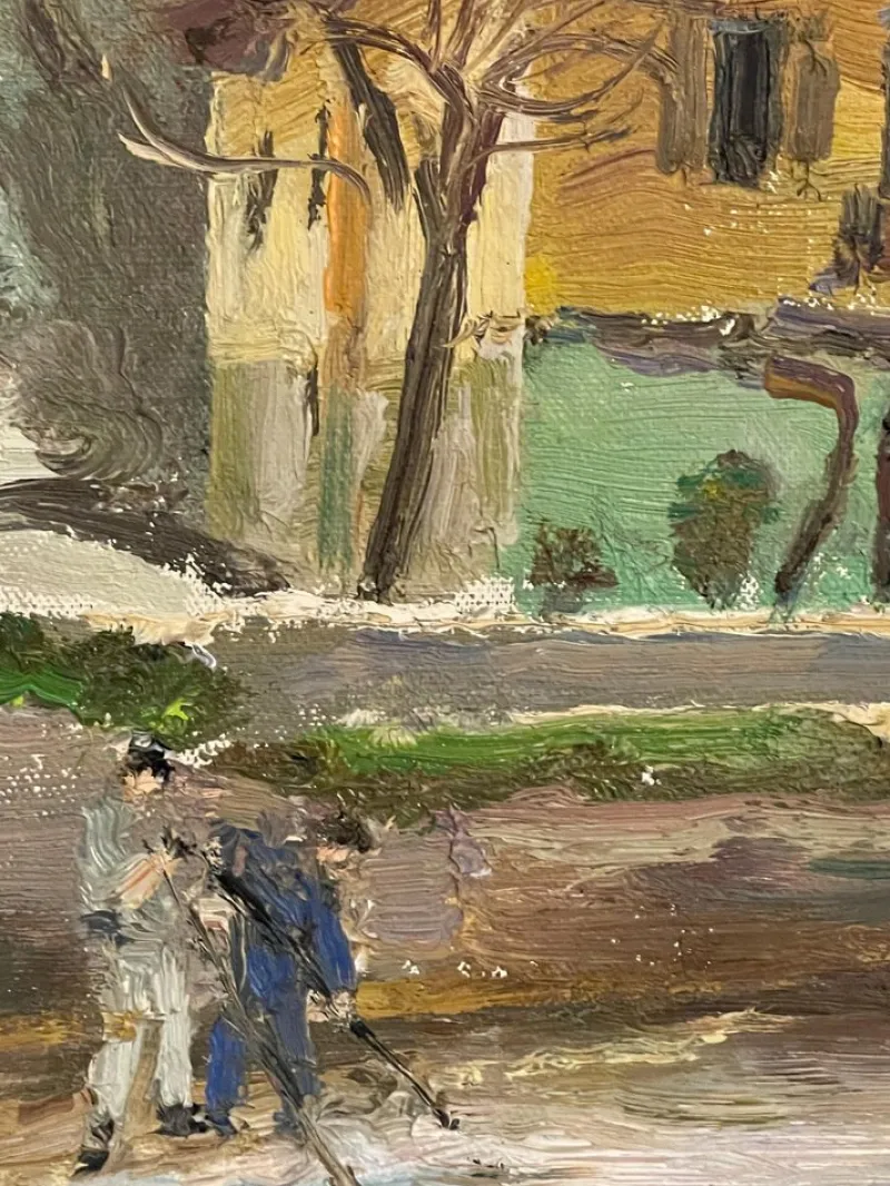 Pamono Pietro Virgilio Lietti, Figures Along the Canal, 20th Century, Oil Painting on Panel, Framed> Painting