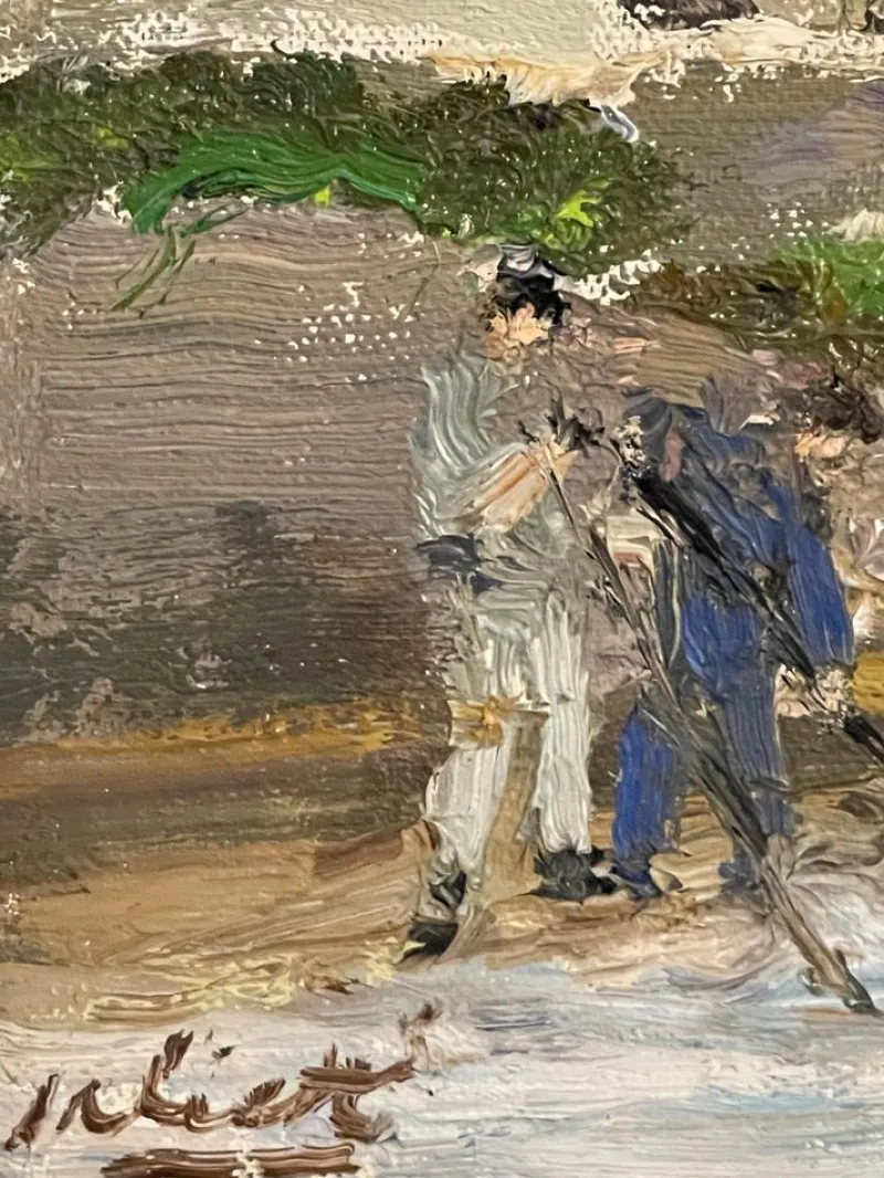 Pamono Pietro Virgilio Lietti, Figures Along the Canal, 20th Century, Oil Painting on Panel, Framed> Painting