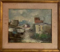 Sale Pamono Pietro Virgilio Lietti, Figures Along the Canal, 20th Century, Oil Painting on Panel, Framed