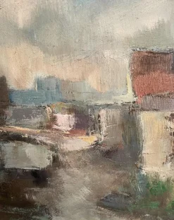 Sale Pamono Pietro Virgilio Lietti, Figures Along the Canal, 20th Century, Oil Painting on Panel, Framed