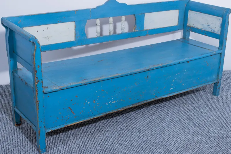 Outlet Pamono Pine Box Bench in Blue and White Color, 1910