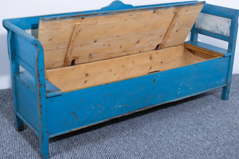 Outlet Pamono Pine Box Bench in Blue and White Color, 1910