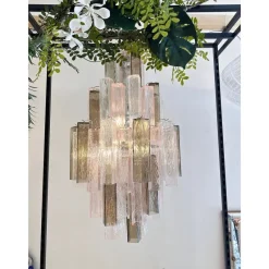 Pamono Pink and Fumè Squared Bark Murano Glass Chandelier by Simoeng><noscript><img width=