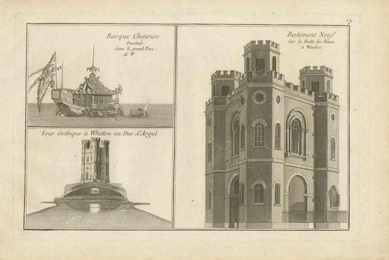 Pamono Pl. 12 Illustration of a Chinese Boat, Gothic Tower and Other Building> Posters