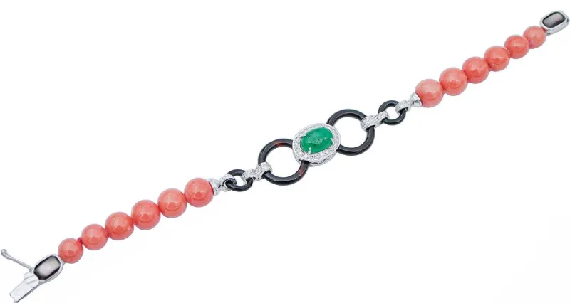 Pamono Platinum and White Gold Bracelet with Coral and Emerald> Bracelets