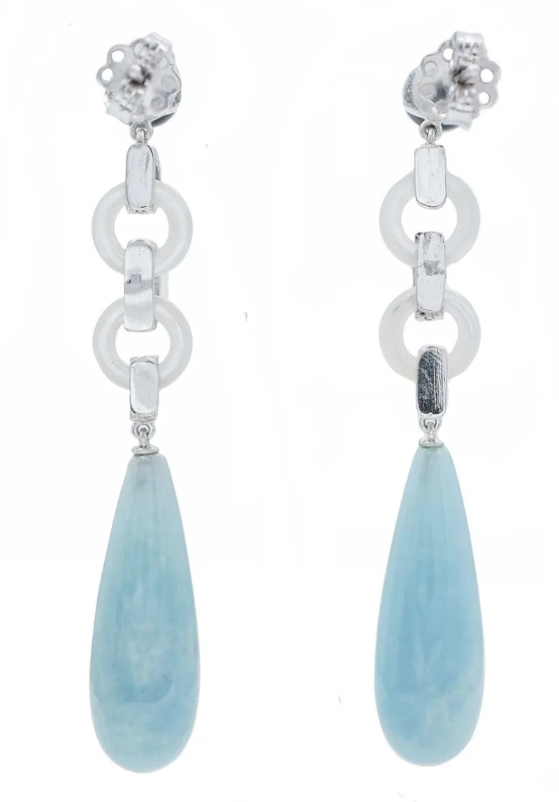 Pamono Platinum Dangle Earrings with Aquamarine, White Stones, Onyx and Diamonds, Set of 2