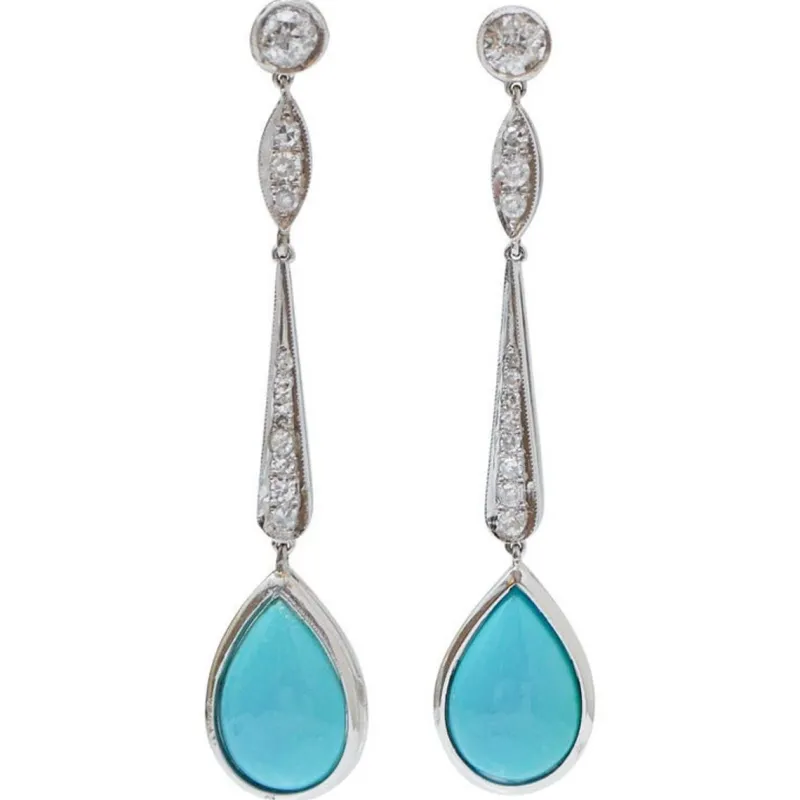 Pamono Platinum Dangle Earrings with Turquoises and Diamonds, Set of 2> Earrings